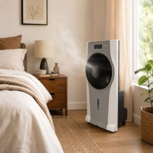 Fabrilamp – Ventilateur brumisateur sur pied Ephesus – 90 W – 3 vitesses – Humidificateur avec télécommande et minuterie – Réservoir 2,5 L