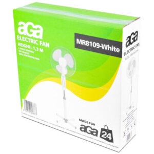 Aga24 – Ventilateur sur pied 43 cm – Puissance 45 W – 3 vitesses – Niveau sonore 57 dB(A) – Hauteur réglable 90-130 cm – Design blanc