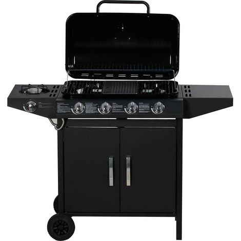 Habitat Et Jardin – Barbecue à gaz 5 brûleurs 9.6 kW + 1 latéral 3.3 kW – Surface de cuisson 64 x 37 cm – Structure acier – Thermomètre intégré