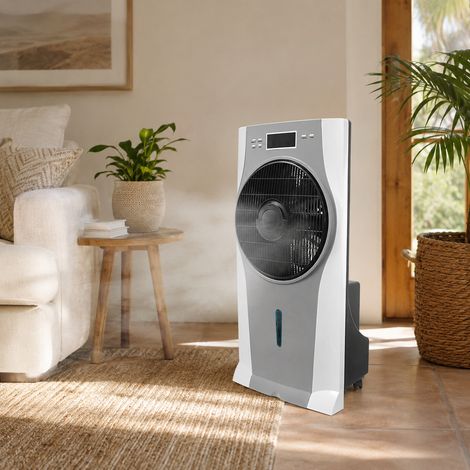 Fabrilamp – Ventilateur brumisateur sur pied Ephesus – 90 W – 3 vitesses – Humidificateur avec télécommande et minuterie – Réservoir 2,5 L