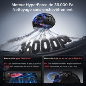 Roborock Saros 20 Sonic Aspiratetur Robot 36 000 Pa Lavage à l’eau chaude 100 °C VibraRise 5.0 Châssis AdaptiLift 3.0 hauteur 7,95 cm FlexiArm Noir